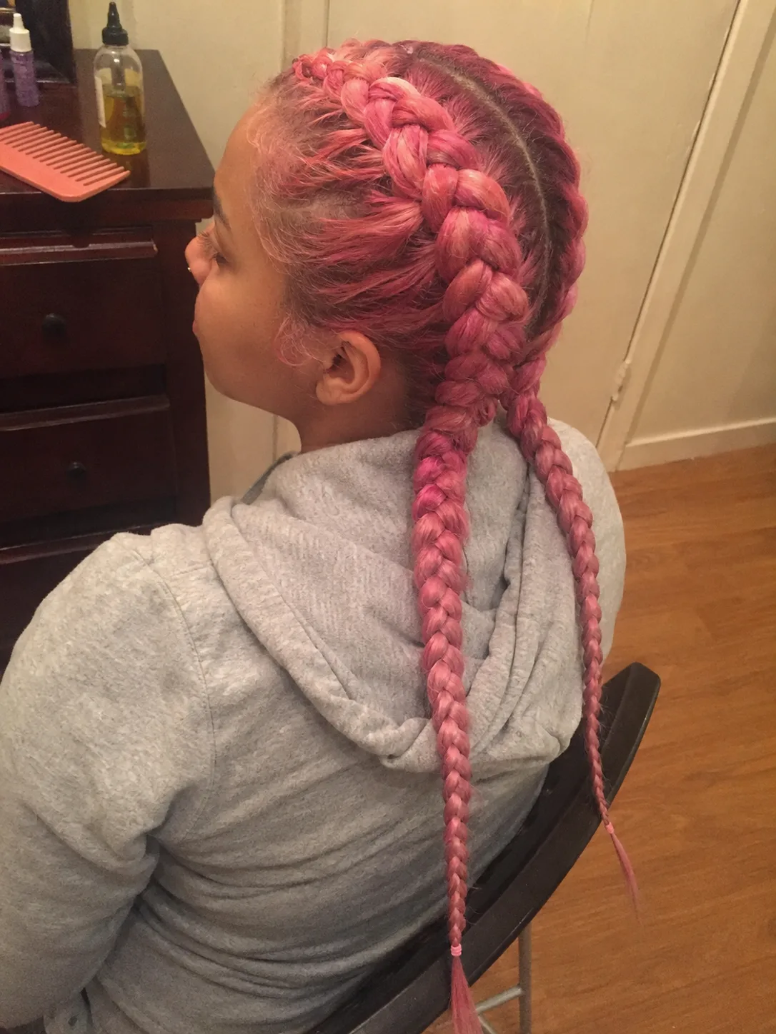 Neon pink and coral dip-dye on long straight hair