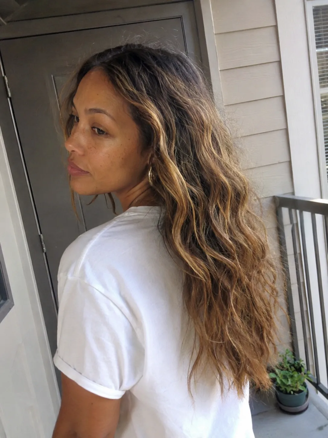 A close-up shot of dry, high-porosity wavy hair demonstrating a distinct, separate outer layer of lightweight, patternless frizz surrounding the main waves