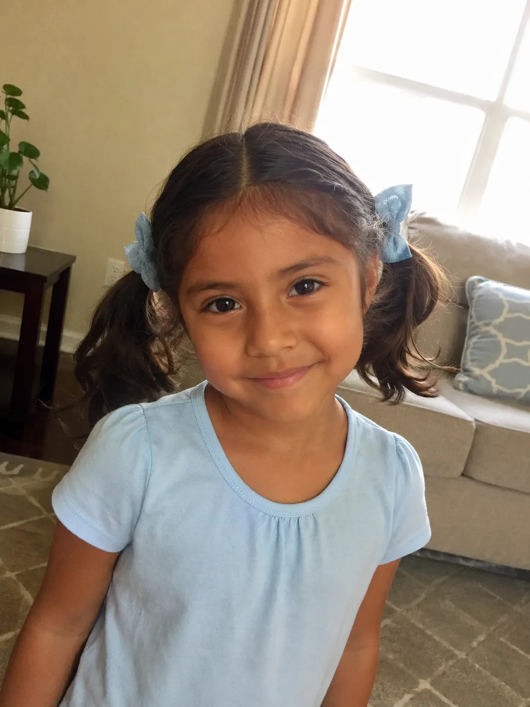 A rear view of a young girl with long, wavy dark brown hair styled in a neat half-up twist secured at the back