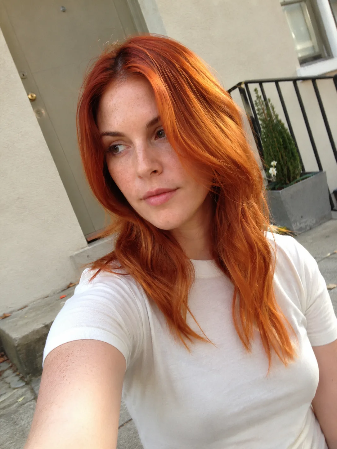 A subtle and soft dimensional caramel auburn hair color showing warm copper and caramel highlights blended seamlessly into a dark brown base around the face