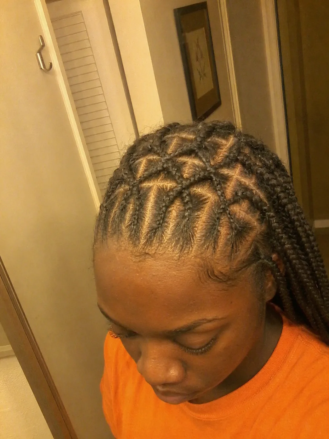 Close up of small box braid parts showing clean summer braid sectioning