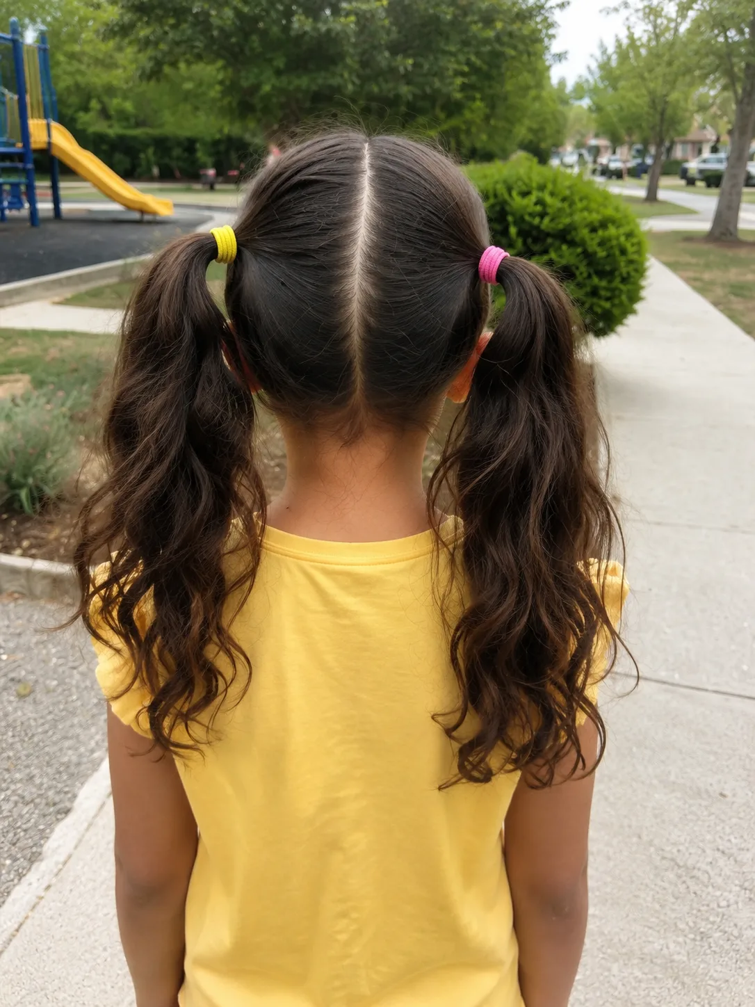 Delicate fine hair on a young child styled safely to minimize matting behind the ears