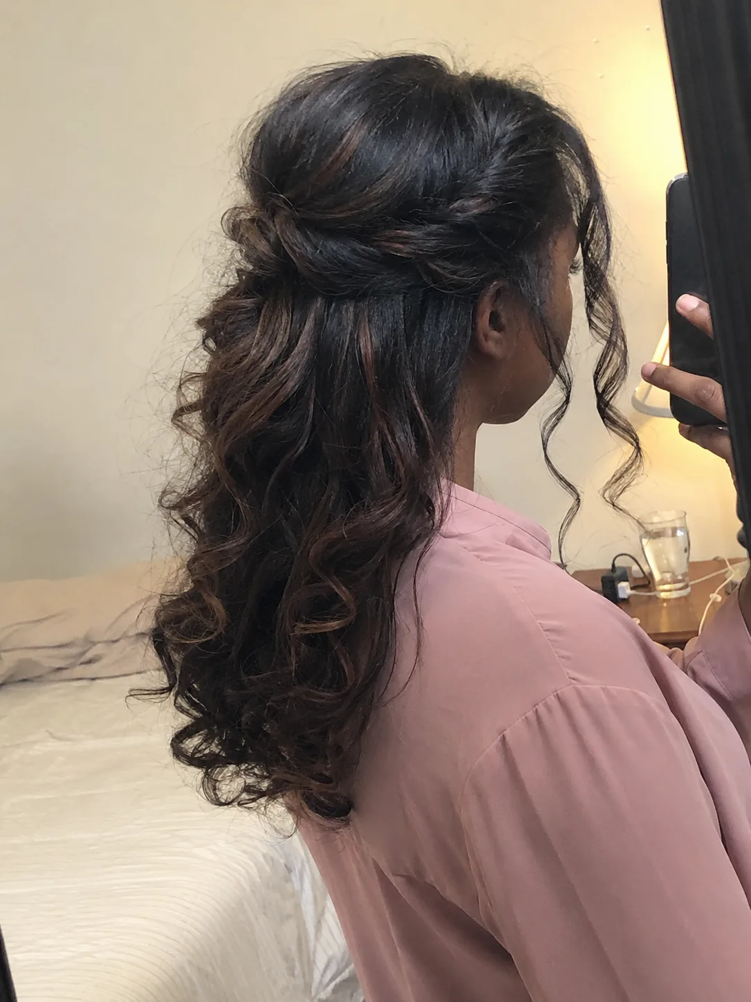 Half up graduation curls with pinned crown detail