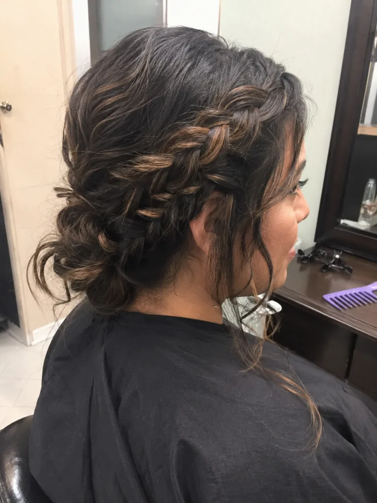 Intricate whimsical bridal updo with highlighted brunette hair, textured low bun, baby's breath, and pearl accents.
