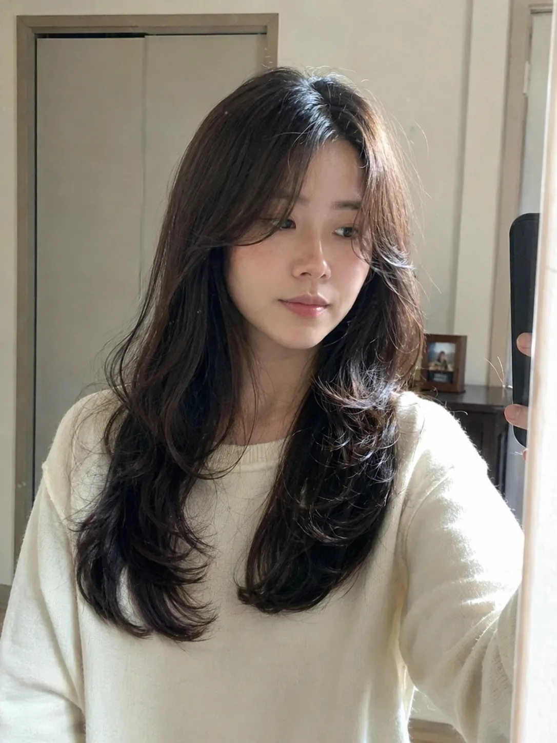 Lob blowout hairstyle with soft layers and rounded ends
