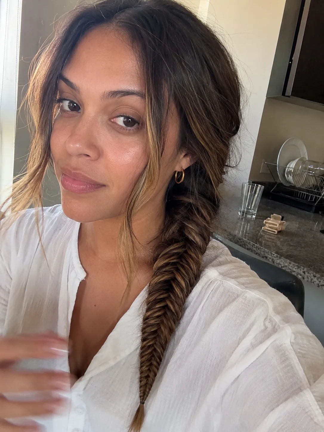 Perfect mid-lengths wave retention on long formal brunette hair styled with balanced low heat