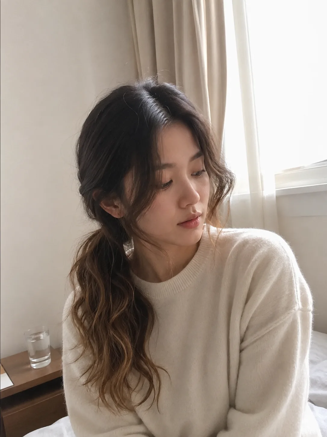 Sleek, straight ponytail with hair wrapped around the base