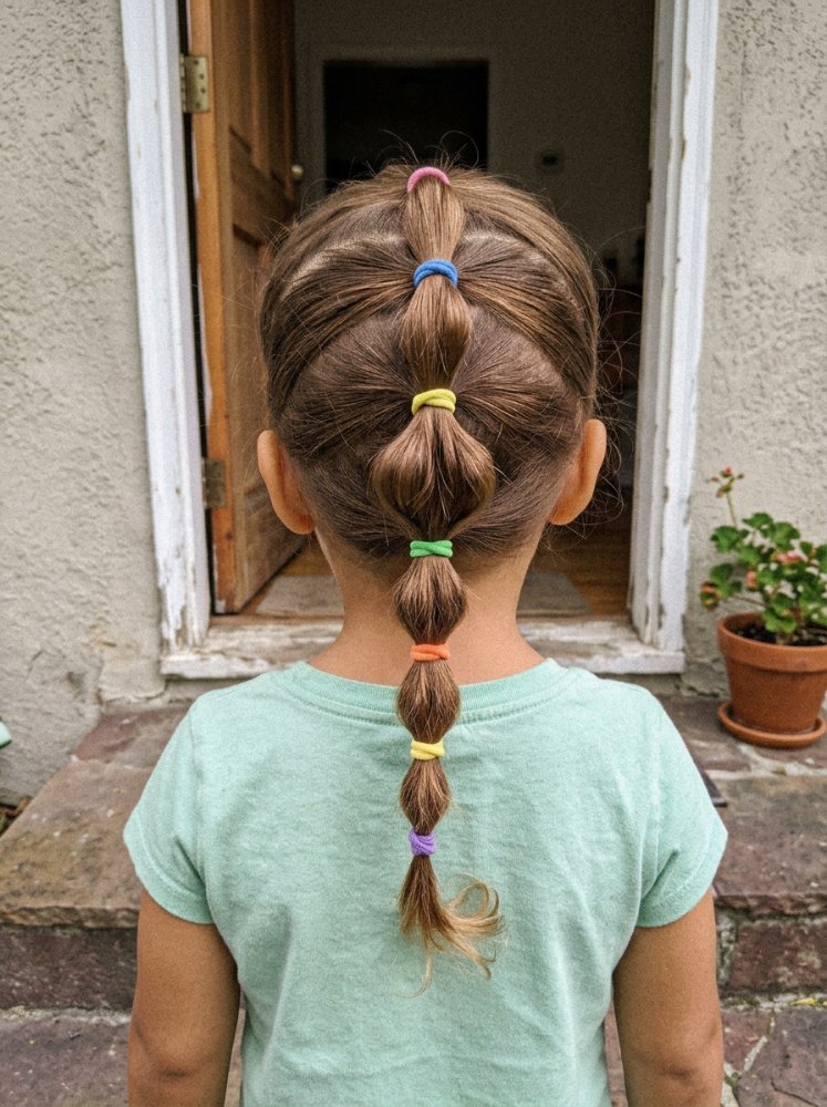The hair is brown with a medium to light brown color tone and is of medium length, reaching down to the middle of the back