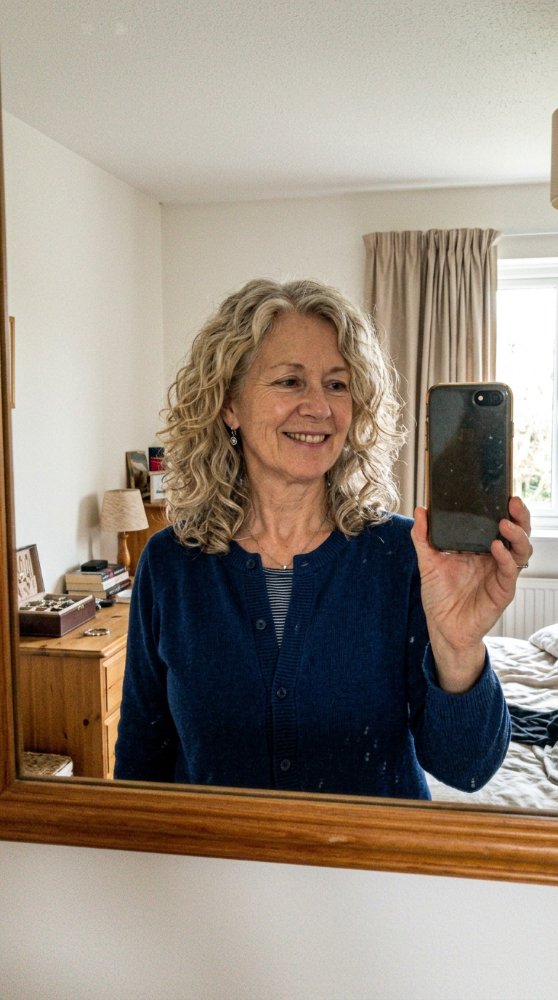 Light Blonde, Gray shoulder-length, wavy, curly, tousled