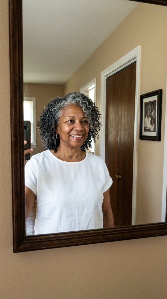 Gray shoulder-length, curly, natural