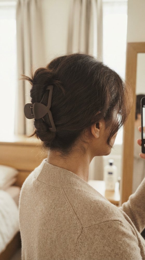 The hair is dark brown in color and is of medium length, pulled back into a low bun secured with a large clip