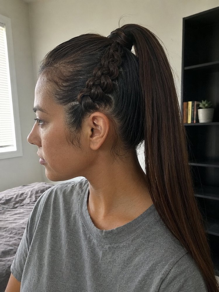 dark brown color long length The hair is dark brown in color, with a long length that extends down the back