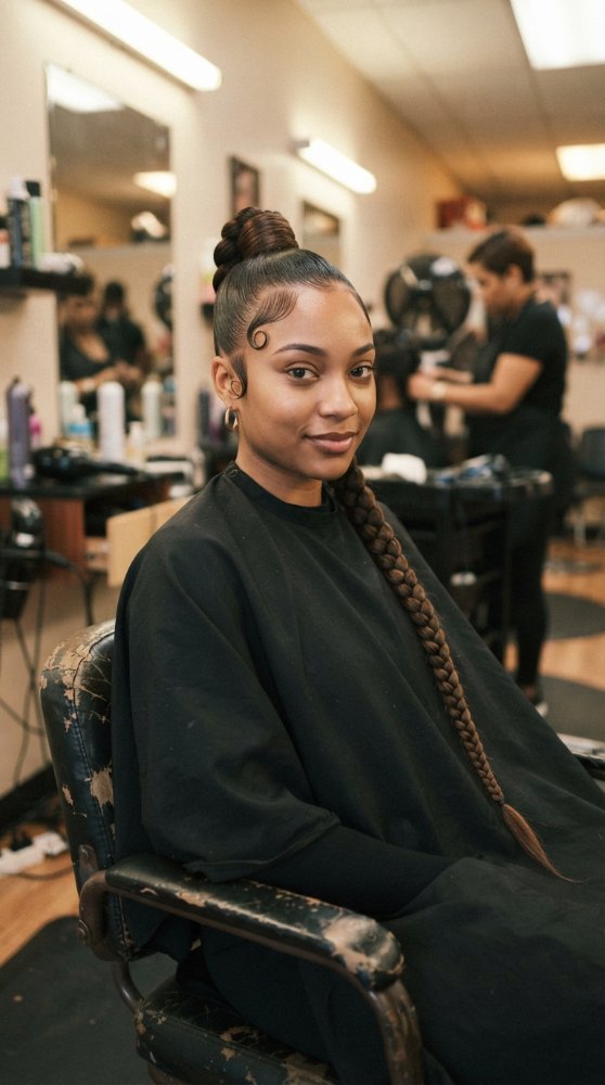 The hair is dark brown in color and styled in a long braid that extends down the back and over the shoulder