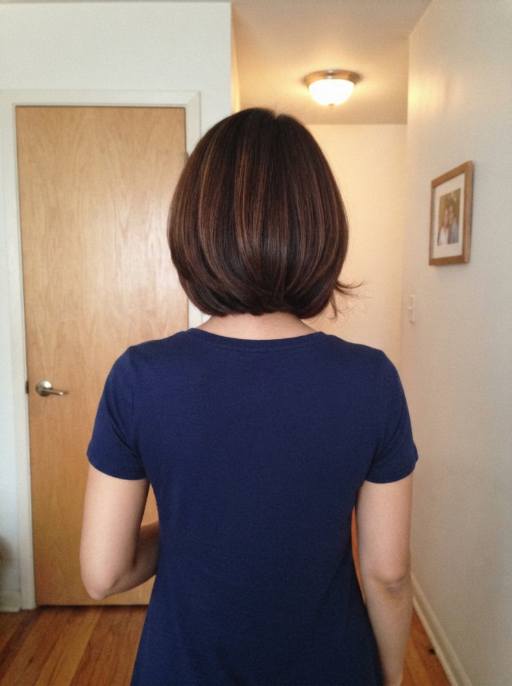 The hair is a dark brown color with subtle lighter brown highlights, cut into a short bob that falls just below the jawline
