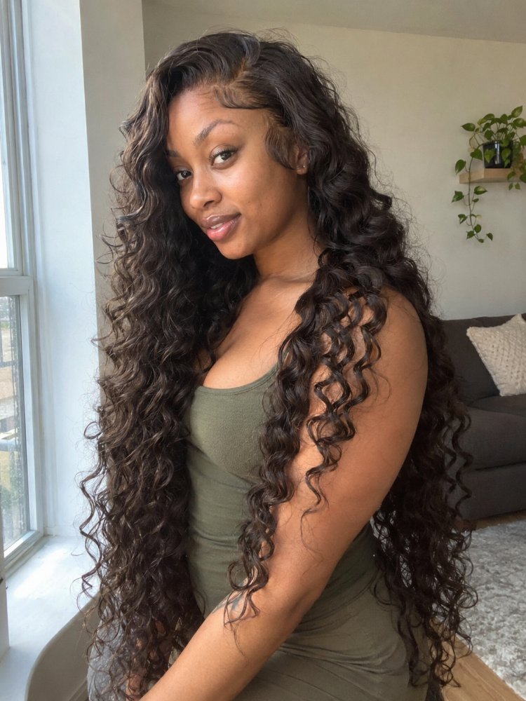 dark brown loose spiral curls The hair is dark brown with loose, spiral curls that fall down to a considerable length, likely below the waist. The texture appears to be thick and luscious, with dimensional color, and discernible soft regrowth blending. The cut style features long, flowing locks with layers that enhance the natural movement of the curls, framing the face with loose, curly tendrils