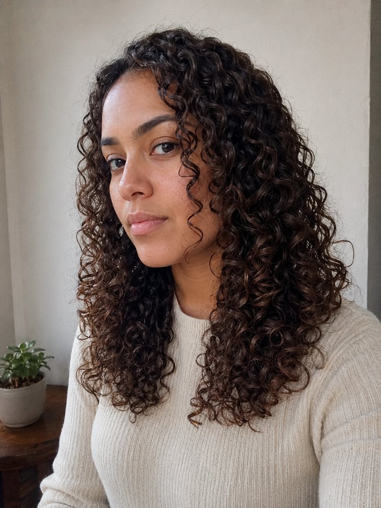 The hair is dark brown with a rich, deep tone and features tight, bouncy curls that fall just below the shoulders in length. The texture appears to be thick and luscious, with dimensional color, but it does have natural dimension and movement. The cut style seems to be a layered look that enhances the curls, framing the face with loose, flowing strands