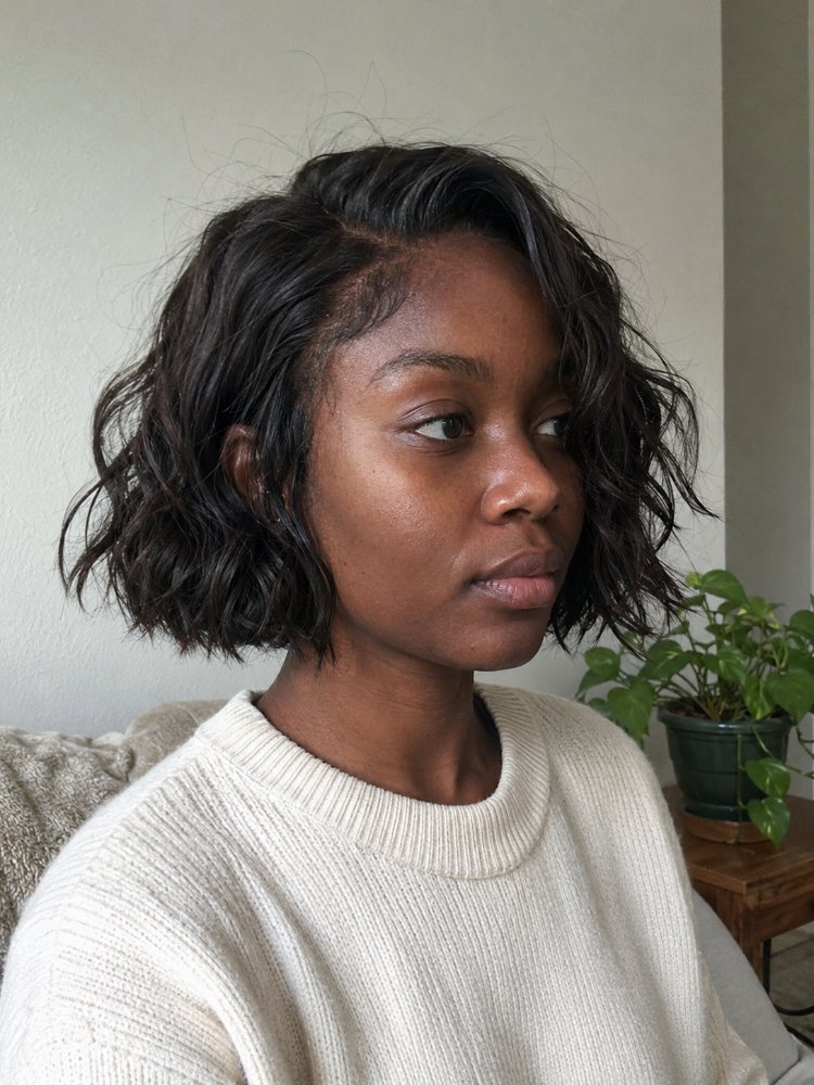dark brown slightly wavy texture The hair is dark brown with a slightly wavy texture and a short to medium length, falling just above the chin and shoulders. The cut style appears to be a blunt bob with subtle layers, framing the face with a slightly asymmetrical look