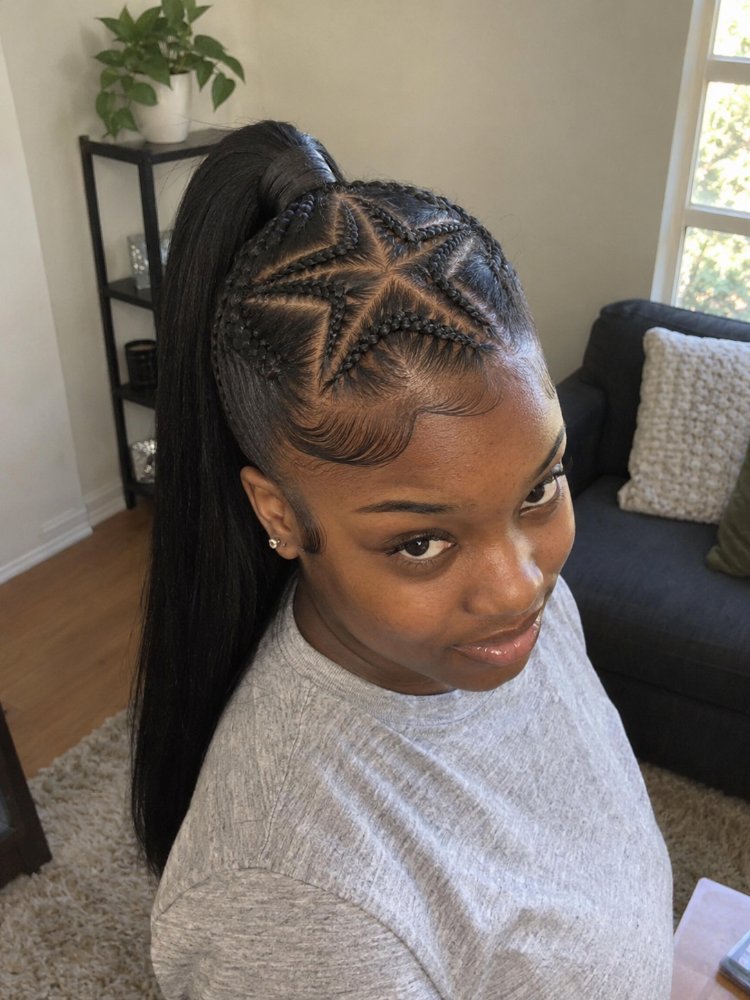 dark brown styled high ponytail The hair is dark brown and styled in a high ponytail. The crown area features an intricate design of small cornrows, arranged in a starburst pattern, with the braids neatly secured and the rest of the hair smooth and straight, extending down to a medium length. The overall style appears sleek and polished, with visible layers, curls or highlights, and signs of regrowth or blended color tones