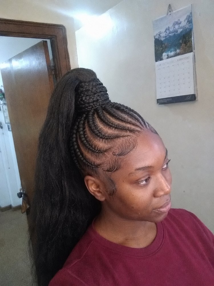 dark brown styled high ponytail The hair is dark brown and styled in a high ponytail with cornrows framing the face and braids extending up into a high ponytail