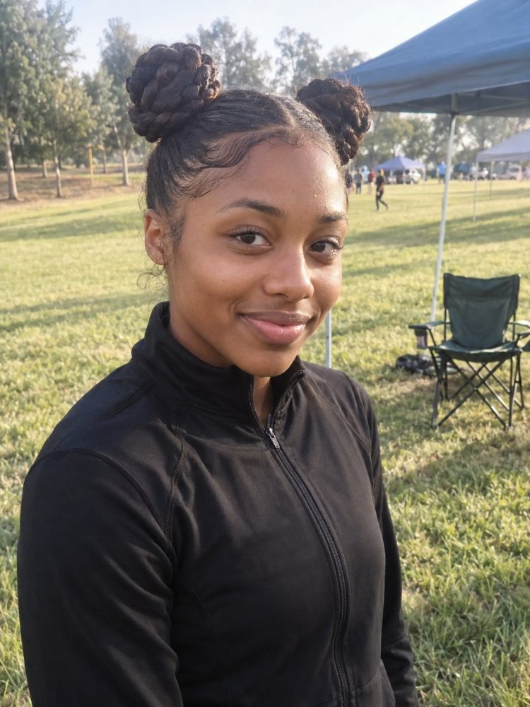 The hair is dark brown and styled in two large, thick braided buns on top of the head. The braids appear to be neatly done, with some loose strands framing the face. The hair is pulled back, with visible layers, curls or highlights, and has a smooth texture