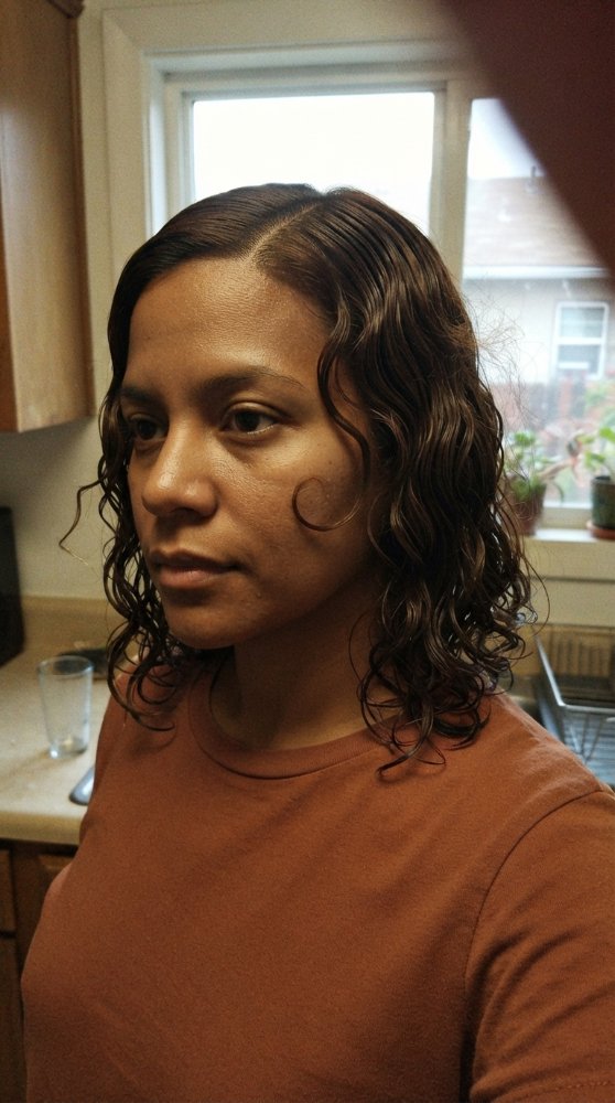 The hair is dark brown with subtle highlights, shoulder-length or just above