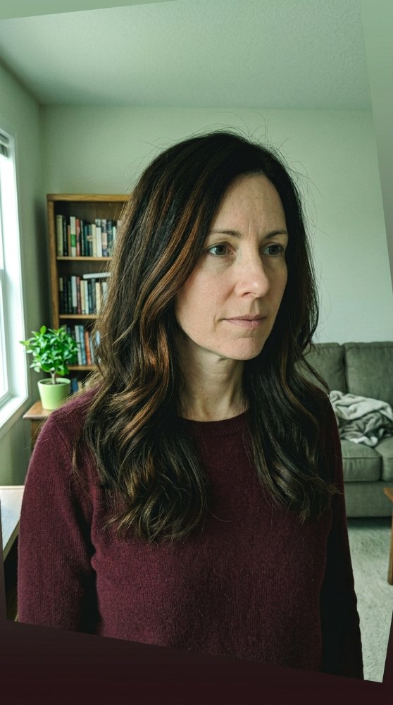 The hair is dark brown with subtle highlights of lighter brown, adding dimension and texture