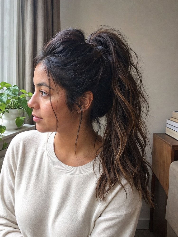 dark brown subtle highlights lighter The hair is dark brown with subtle highlights of lighter brown, creating dimension and texture