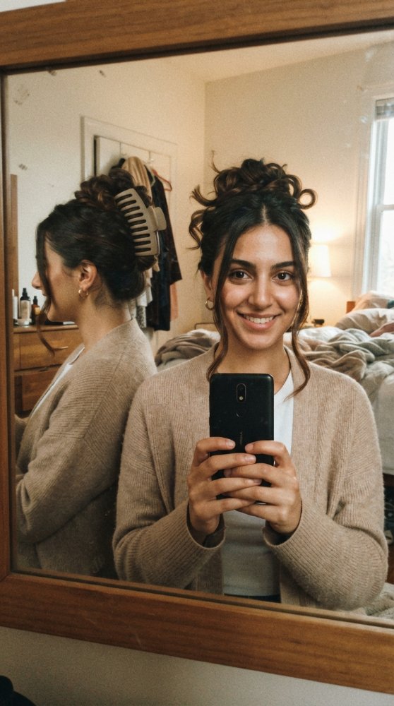 The hair is dark brown with subtle highlights and lowlights, adding dimension