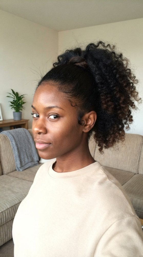 The hair is dark brown with subtle ombre effects, transitioning to lighter brown towards the ends
