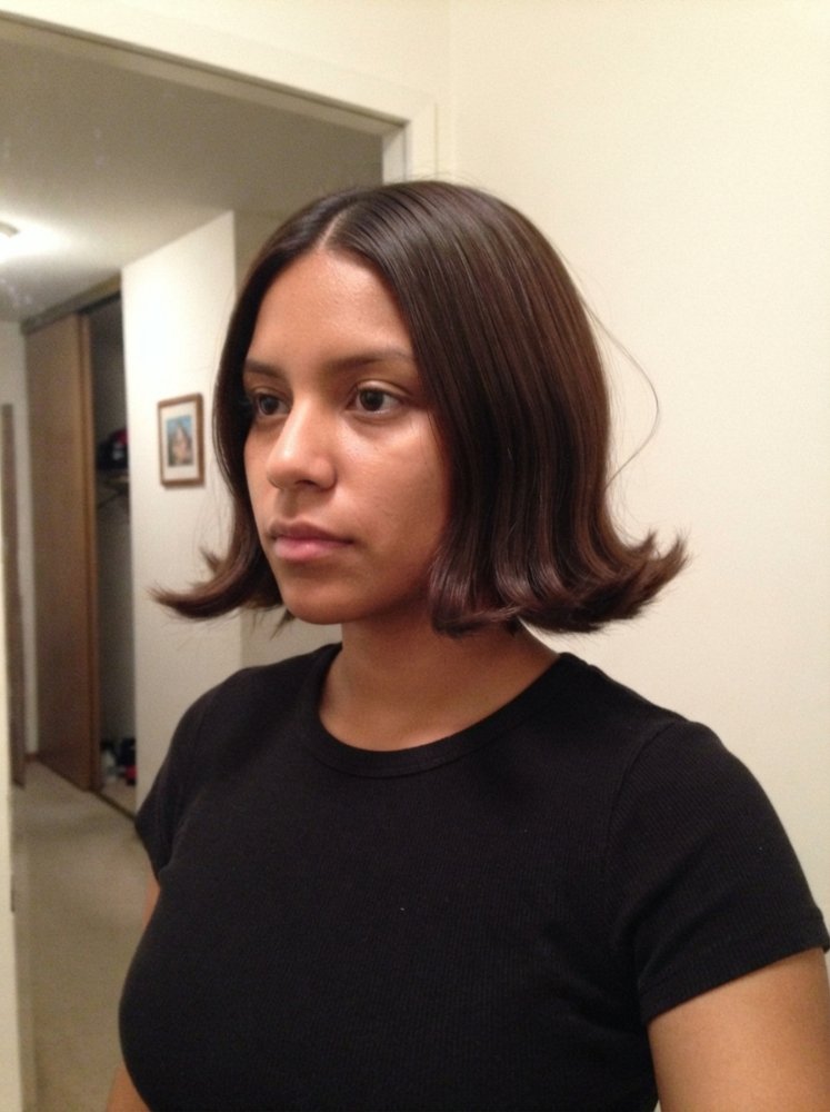 The hair is dark brown with a subtle shine, cut in a shoulder-length bob with a center parting