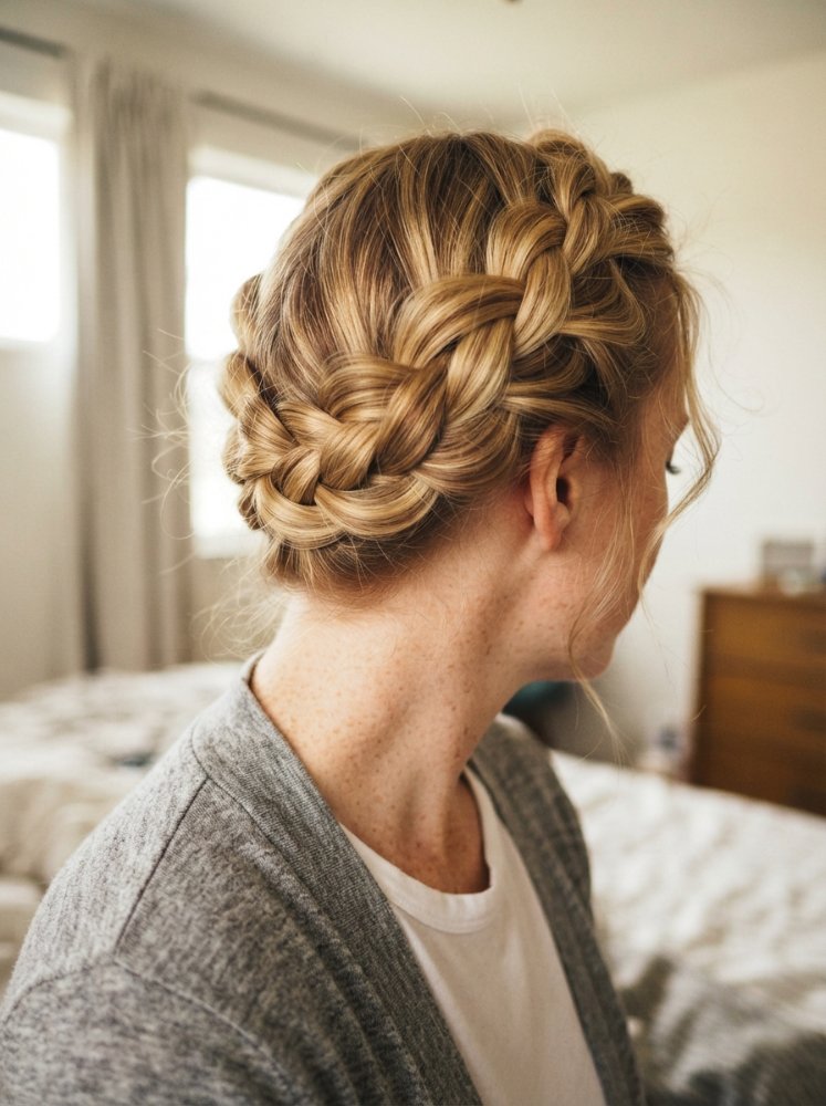 Dutch crown braid hairstyle with neat braided rows and a clean polished finish