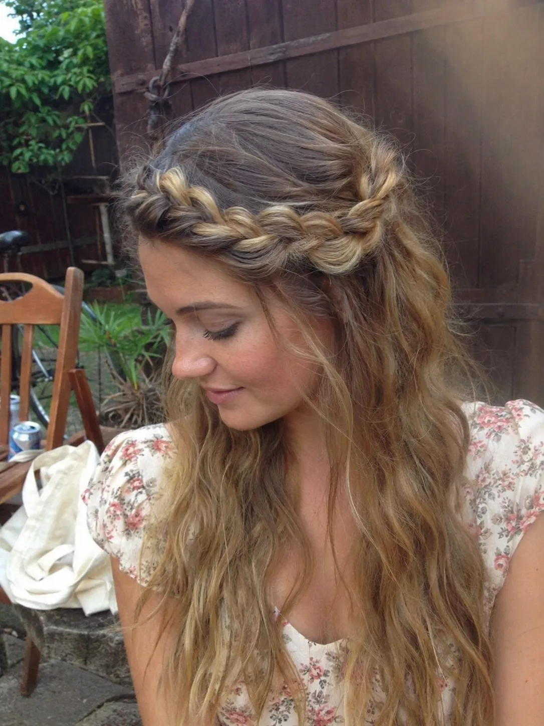 long blonde hair with braided crown and loose waves
