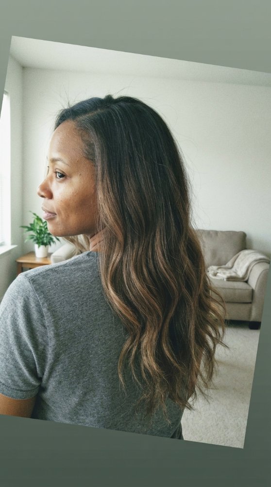 The hair is long, with a dark brown base color and subtle highlights of lighter brown shades, giving it dimension and depth