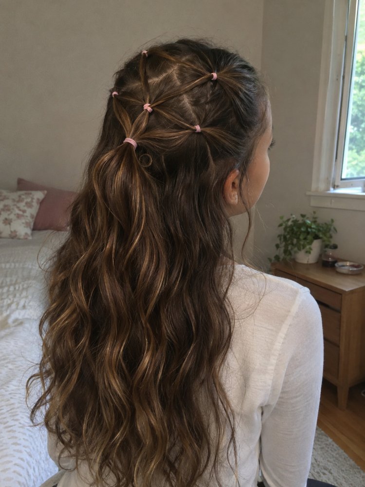 long dark brown color subtle The hair is a long, dark brown color with subtle highlights of lighter brown and subtle lowlights, adding dimension and depth. The hair appears to have a wavy texture, with loose curls at the ends, and is styled in a half-up half-down look with a series of small pink elastics securing the top section into a series of small ponytails that cascade into a loose ponytail. The hair has a face-framing effect with loose strands falling around the face, and there is visible evidence of balayage, toner, gloss or blended color tones, but it does appear to have some subtle layering