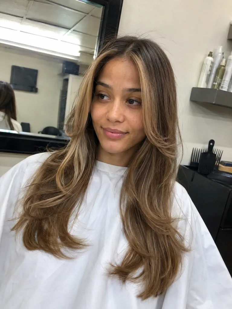 long layered hair with soft face framing pieces in salon.
