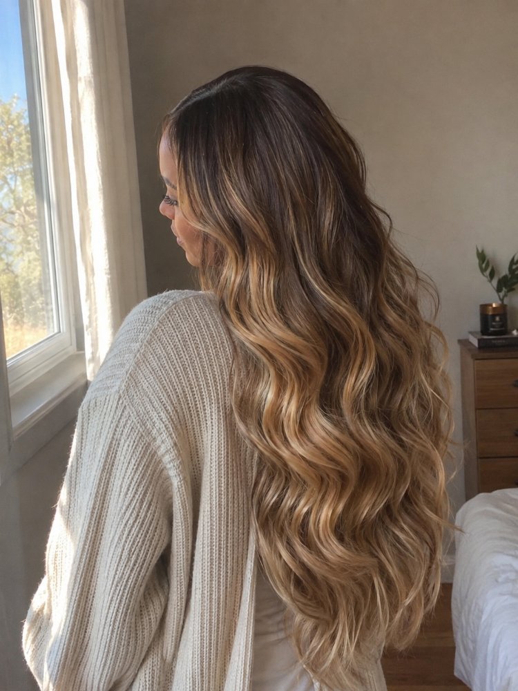 long wavy dark brown root The hair is a long, wavy style with a dark brown root that transitions into a lighter, ombre-effect blonde towards the ends. The hair has dimension with subtle highlights and lowlights, and appears to have a balayage or gloss treatment to achieve a natural, sun-kissed look. The hair falls in loose, flowing waves down the back, with visible braids, curls or regrowth, and frames the face with subtle, layered strands