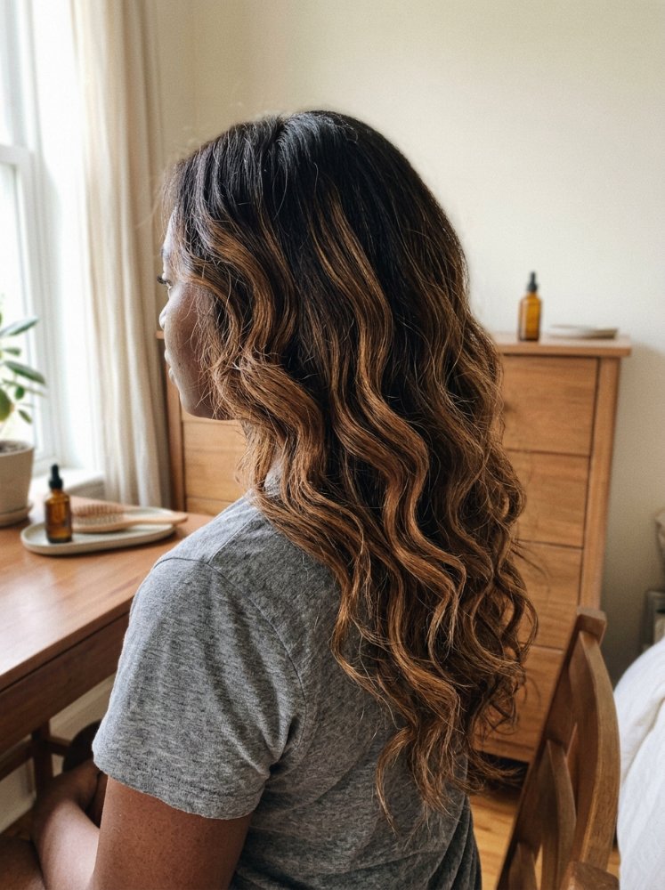 Long wavy chocolate-brown hair with subtle caramel highlights