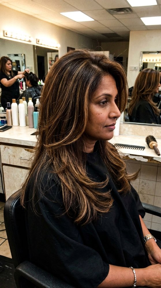 The hair is a medium to dark brown color with subtle highlights of lighter brown and blonde, creating dimension and depth