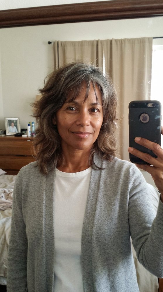 Dark Brown, Gray medium, layered cut, wavy, textured, natural