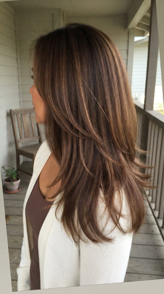 Dark brown hair with subtle lighter brown and blonde highlights
