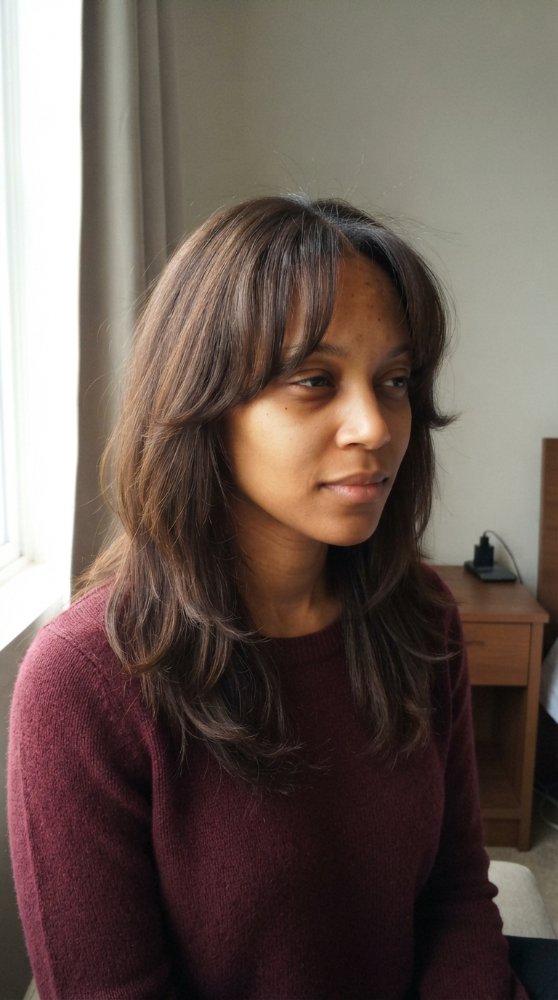 Medium to dark brown glossy hair with subtle dimension