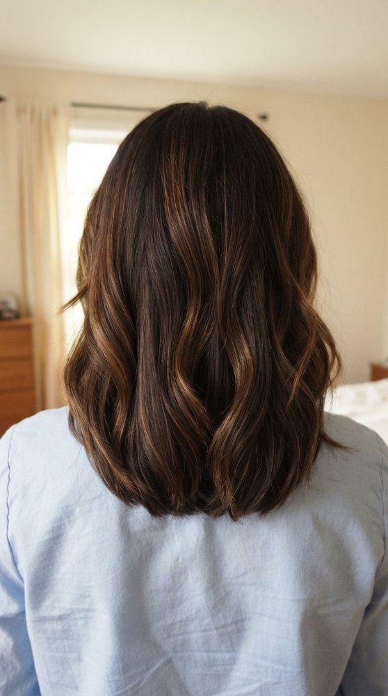 The hair is a medium to dark brown color with subtle highlights, adding dimension and texture