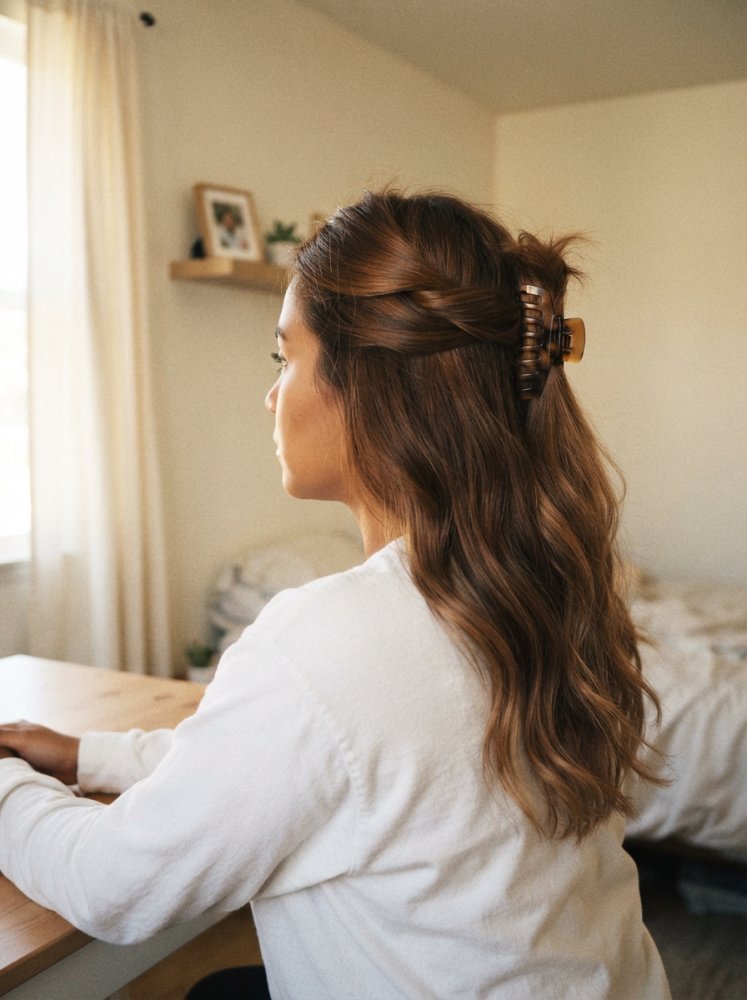 The hair is a medium to dark brown color with subtle highlights, giving it a multi-dimensional appearance