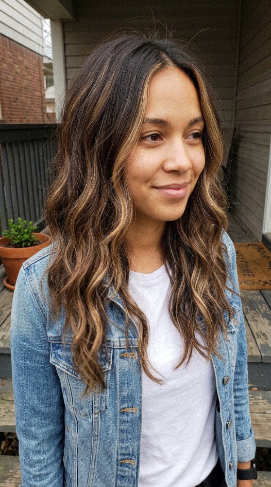 The hair is a medium to dark brown color with subtle highlights of lighter brown and blonde, adding dimension and texture