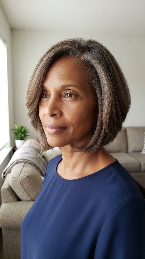 Dark Brown, Gray bob & asymmetrical & sleek hairstyle