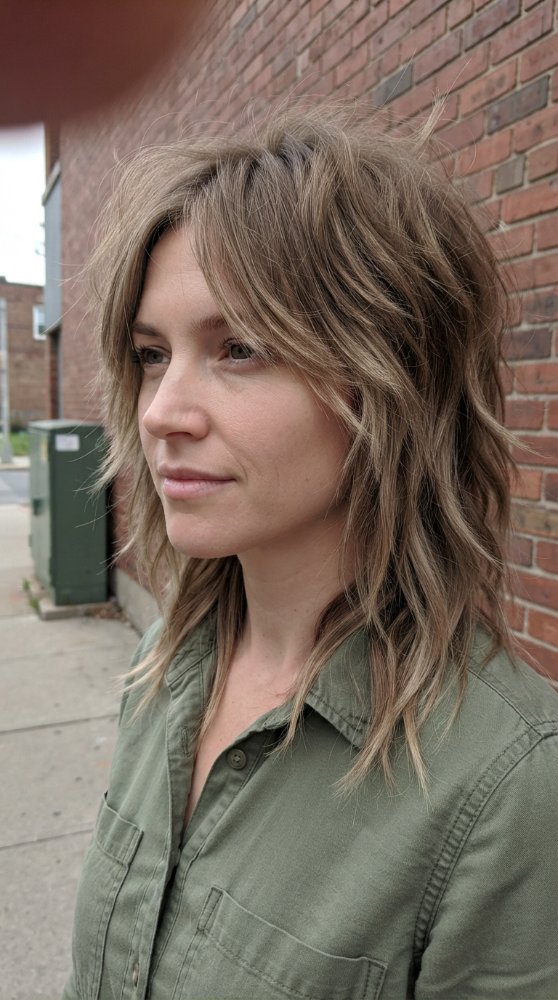 The hair is a medium to light brown color with subtle highlights, giving it a multi-dimensional appearance