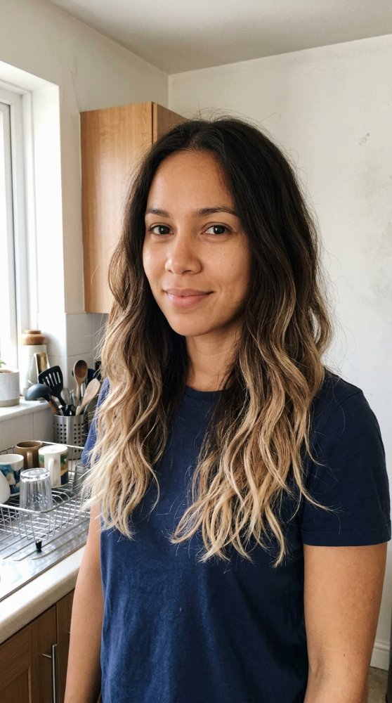 The hair is a multi-dimensional, ombre-style color with dark brown roots that transition into a lighter, wavy blonde towards the ends