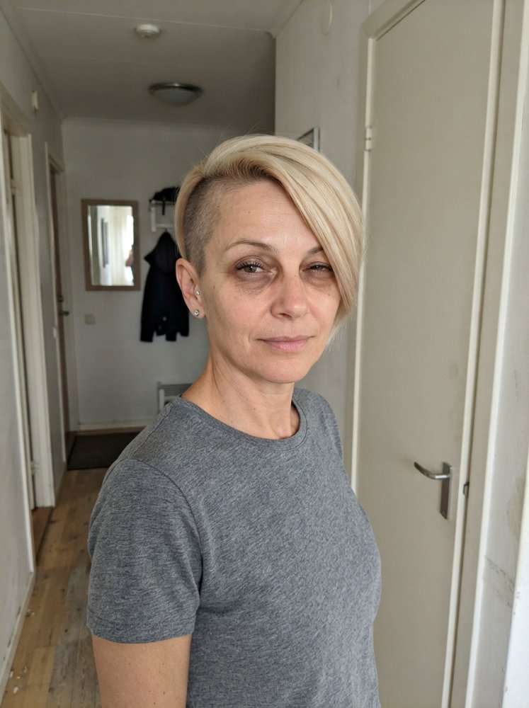 Blonde, Gray pixie & asymmetrical & sleek hairstyle