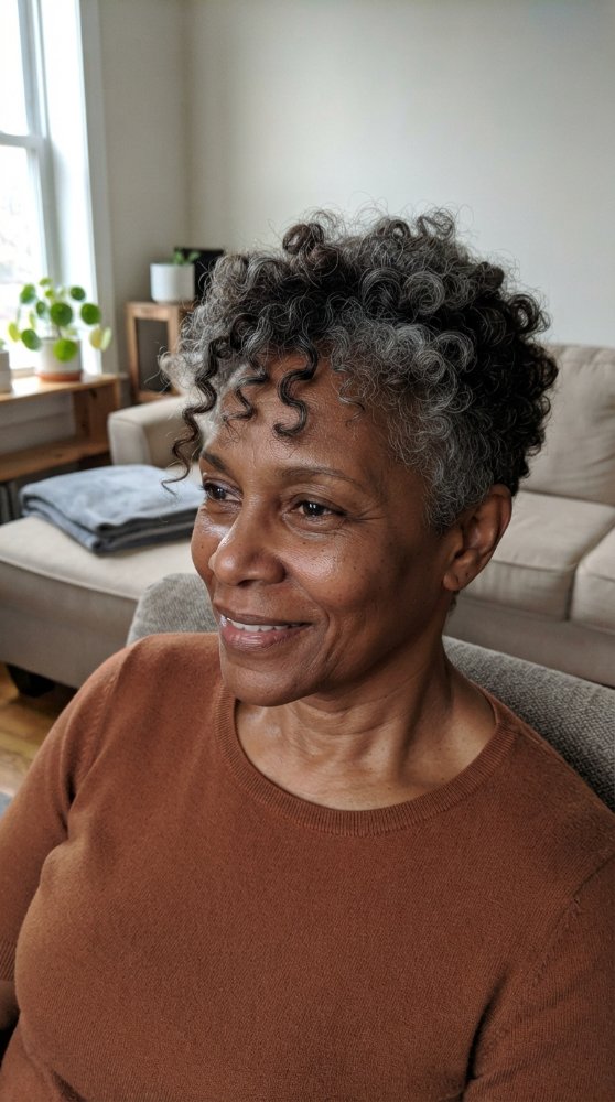 The hair is short in length and features a curly texture with a predominantly dark color and visible gray roots and strands