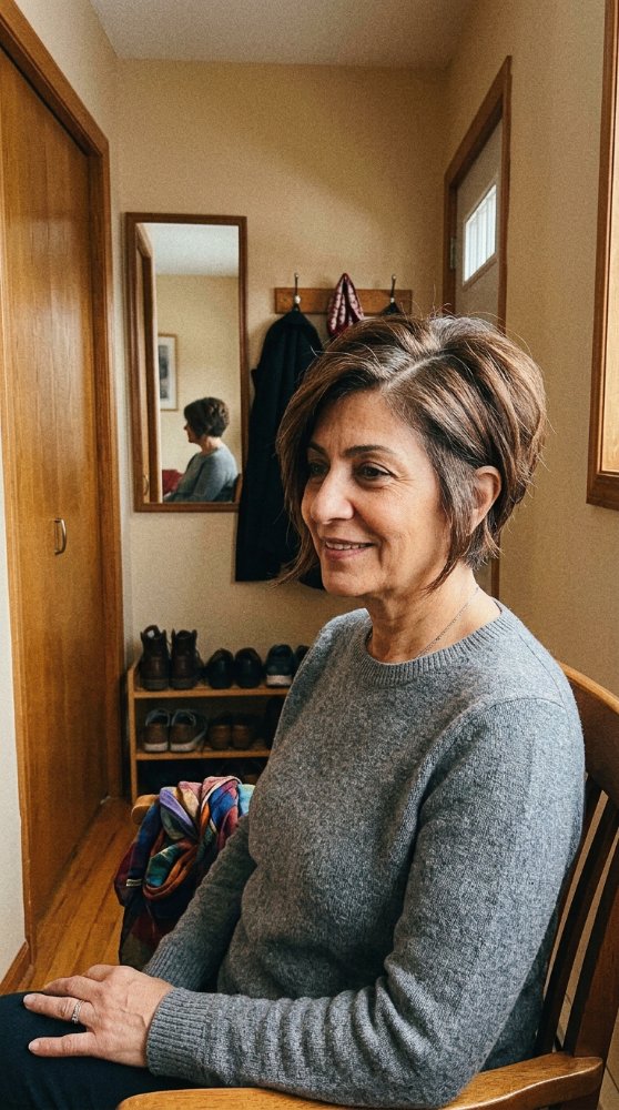 Brown, Gray layered cut hairstyle